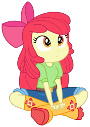 Size: 1659x2325 | Tagged: safe, artist:sketchmcreations, imported from derpibooru, apple bloom, equestria girls, equestria girls series, holidays unwrapped, spoiler:eqg series (season 2), belt, boots, bow, clothes, crossed legs, female, hair bow, jeans, pants, shoes, simple background, sitting, solo, the cider louse fools, transparent background, vector