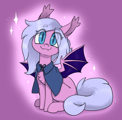 Size: 2196x2150 | Tagged: source needed, safe, artist:cattie, imported from derpibooru, oc, oc only, oc:amethyst crescent, bat pony, pony, bat pony oc, bat wings, cape, chest fluff, clothes, colored pupils, cute, eye clipping through hair, eyebrows, eyebrows visible through hair, eyelashes, fangs, female, high res, looking at you, mare, robe, sitting, smiling, smiling at you, solo, spread wings, wings