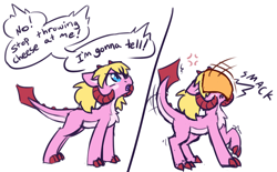 Size: 1394x864 | Tagged: safe, artist:rivibaes, imported from derpibooru, oc, oc:radelia van heleidon, dracony, dragon, hybrid, pony, angry, behaving like a cat, cheese, cheese slap, chest fluff, claws, colored ears, comic, dialogue, female, filly, foal, food, frown, glare, horns, looking up, offscreen character, open mouth, pale belly, raised hoof, silly, silly pony, simple background, solo, speech bubble, trembling, white background