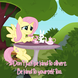 Size: 1655x1655 | Tagged: safe, artist:lovinglypromise, imported from derpibooru, angel bunny, fluttershy, pony, cute, movie accurate, mushroom table, shyabetes, teapot, tree