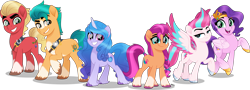 Size: 4000x1433 | Tagged: safe, artist:orin331, imported from derpibooru, hitch trailblazer, izzy moonbow, pipp petals, sprout cloverleaf, sunny starscout, zipp storm, earth pony, pegasus, pony, unicorn, dreamworks face, female, frown, g4, g5, g5 to g4, grin, high res, looking at you, male, mane five (g5), mare, my little pony: a new generation, new mane six (g5), open mouth, open smile, raised hoof, simple background, smiling, smiling at you, spread wings, stallion, transparent background, vector, wings