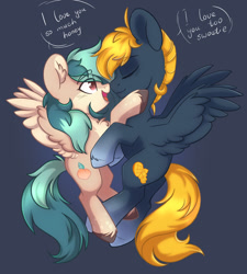 Size: 1280x1424 | Tagged: safe, artist:cloud-fly, imported from derpibooru, oc, oc only, oc:osteen, oc:peacher, pegasus, pony, couple, dialogue, female, gray background, love, male, mare, oc x oc, peachsteen, shipping, simple background, stallion, straight
