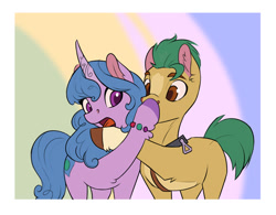 Size: 600x467 | Tagged: safe, artist:gor1ck, imported from derpibooru, hitch trailblazer, izzy moonbow, earth pony, pony, unicorn, boop, cute, ear fluff, female, g5, male, mare, my little pony: a new generation, open mouth, stallion