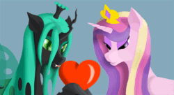 Size: 600x326 | Tagged: artist needed, safe, imported from derpibooru, princess cadance, queen chrysalis, alicorn, changeling, pony, animated, gif, heart, licking, tongue out