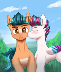 Size: 1600x1900 | Tagged: safe, artist:zachc, imported from derpibooru, hitch trailblazer, zipp storm, earth pony, pegasus, pony, blushing, cheek kiss, colored belly, concave belly, duo, female, g5, hitchzipp, kissing, male, mare, my little pony: a new generation, pale belly, shipping, slim, stallion, sternocleidomastoid, straight, thin