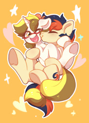 Size: 981x1349 | Tagged: safe, artist:oofycolorful, imported from derpibooru, oc, oc only, oc:dr tuo, oc:draconidsmxz, earth pony, pony, unicorn, cheek kiss, couple, cute, female, glasses, hug, kissing, male, simple background