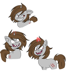 Size: 3335x3688 | Tagged: safe, artist:dreamy990, imported from derpibooru, oc, oc only, oc:scar tissue, pony, unicorn, brown mane, brown tail, evil grin, eye clipping through hair, floppy ears, g4, g5, g5 to g4, glowing, glowing horn, grin, high res, horn, magic, magic aura, male, messy mane, my little pony: a new generation, open mouth, sharp teeth, shrunken pupils, simple background, smiling, solo, stallion, tail, teeth, unicorn oc, white background