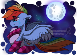 Size: 1024x736 | Tagged: safe, artist:moonscream decepticon, imported from derpibooru, rainbow dash, pegasus, pony, clothes, crying, female, full moon, mare, moon, pillow, socks, solo, spread wings, striped socks, wings