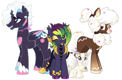 Size: 3017x1988 | Tagged: safe, artist:khimi-chan, imported from derpibooru, oc, oc only, alicorn, deer, dracony, dragon, hybrid, moth, mothpony, original species, alicorn oc, deer oc, female, group, horn, makeup, male, mare, one eye closed, simple background, smiling, stallion, transparent background, wings, wink