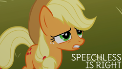 Size: 1920x1080 | Tagged: safe, edit, edited screencap, editor:quoterific, imported from derpibooru, screencap, applejack, earth pony, pony, season 1, the show stoppers, applejack's hat, caption, cowboy hat, female, freckles, green eyes, gritted teeth, hat, mare, solo, text