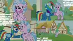 Size: 4400x2475 | Tagged: safe, edit, edited screencap, editor:quoterific, imported from derpibooru, screencap, rainbow dash, silverstream, hippogriff, pegasus, pony, season 9, uprooted, bipedal, butt, clothes, duo, duo female, female, frown, goggles, grin, hands on cheeks, handshake, high res, mare, open mouth, open smile, plot, smiling, uniform, wonderbolts uniform