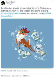 Size: 579x824 | Tagged: safe, artist:lauren faust, imported from derpibooru, deer, reindeer, winter sprite, them's fightin' herds, blue background, community related, lauren faust, meta, simple background, snow, snowflake, twitter, velvet (tfh)