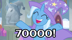 Size: 1600x900 | Tagged: safe, edit, edited screencap, imported from derpibooru, screencap, trixie, pony, unicorn, a horse shoe-in, season 9, 70000, ^^, cape, caption, clothes, cute, diatrixes, eyes closed, female, happy, hat, mare, meta, milestone, open mouth, open smile, smiling, solo, text, trixie's cape, trixie's hat, two toned mane