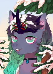 Size: 1000x1400 | Tagged: safe, artist:qawakie, imported from derpibooru, oc, oc only, pony, unicorn, bust, choker, holly, outdoors, solo, tree