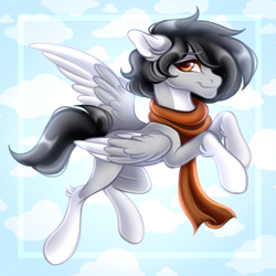 Size: 1080x1080 | Tagged: safe, artist:tookiut, imported from derpibooru, oc, oc:leinhart, pegasus, clothes, flying, pegasus oc, scarf, solo