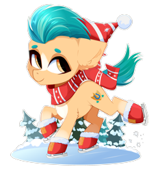 Size: 2621x2805 | Tagged: safe, artist:xsatanielx, imported from derpibooru, part of a set, hitch trailblazer, earth pony, pony, christmas, clothes, g5, hat, high res, holiday, ice, ice skates, my little pony: a new generation, scarf, snow, solo, winter