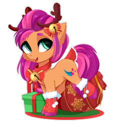 Size: 2621x2805 | Tagged: safe, artist:xsatanielx, imported from derpibooru, part of a set, sunny starscout, earth pony, pony, bell, boots, bow, choker, christmas, fake antlers, g5, high res, holiday, my little pony: a new generation, present, shoes, solo