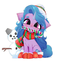 Size: 2621x2805 | Tagged: safe, artist:xsatanielx, imported from derpibooru, part of a set, izzy moonbow, pony, unicorn, blushing, boots, candy, candy cane, christmas, clothes, cute, female, food, g5, hat, high res, holiday, izzybetes, mare, mouth hold, my little pony: a new generation, scarf, shoes, simple background, sitting, smiling, snowman, solo, transparent background