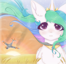 Size: 2040x2000 | Tagged: safe, artist:saltyvity, imported from derpibooru, princess celestia, alicorn, pony, celestial, crown, cute, fire, food, high res, jewelry, mig 15, plane, regalia, solo, sunset, wheat, white