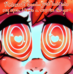 Size: 1480x1500 | Tagged: safe, artist:bunchi, imported from derpibooru, oc, oc:poppy doll, earth pony, pony, blushing, dialogue, eye contact, eyelashes, heart, heart eyes, hypnosis, hypnotized, looking at each other, looking at someone, looking at you, red eyes, smiling, smiling at you, solo, swirly eyes, wingding eyes