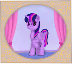 Size: 1612x1425 | Tagged: safe, artist:xodok, imported from derpibooru, twilight sparkle, alicorn, pony, series:ponyashnost, curtains, frame, horn, smiling, twilight sparkle (alicorn), wings