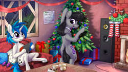 Size: 1536x864 | Tagged: safe, artist:calena, imported from derpibooru, dj pon-3, octavia melody, vinyl scratch, pony, unicorn, 2021, banner, bipedal, calendar, christmas, christmas lights, christmas tree, commission, cute, fireplace, glasses, glasses off, holiday, looking at each other, looking at someone, nintendo switch, present, subwoofer, table, tavibetes, tree, vinylbetes, window