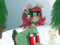 Size: 1600x1200 | Tagged: safe, artist:gray star, derpibooru exclusive, imported from derpibooru, oc, oc only, oc:minty shine (graystar), deer, reindeer, fallout equestria, angry, bell, bell collar, blushing, clothes, collar, doe, fallout equestria: all things unequal, fallout equestria:all things unequal (pathfinder), female, holiday, reindeerified, reins, snow, snowfall, species swap, stockings, thigh highs, tree