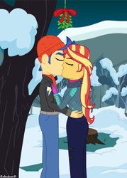 Size: 1920x2688 | Tagged: safe, artist:robukun, imported from derpibooru, flash sentry, sunset shimmer, human, equestria girls, female, flashimmer, kiss on the lips, kissing, male, mistletoe, shipping, straight