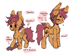 Size: 1176x850 | Tagged: safe, artist:demonboy, imported from derpibooru, scootaloo, pegasus, pony, aged-up, alternate design, bandaid, chest fluff, determined, notes, simple background, skateboard, smiling, solo, tattoo