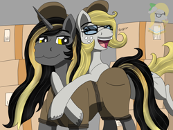 Size: 1600x1200 | Tagged: safe, artist:gray star, derpibooru exclusive, imported from derpibooru, oc, oc only, oc:gray star, oc:knick knack, :3, female, glasses, glomp, happy, male, mare, outfit, overjoyed, stallion, teary eyes, ups, ups uniform