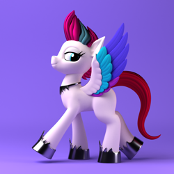 Size: 1920x1920 | Tagged: safe, artist:argos90, imported from derpibooru, zipp storm, pegasus, pony, 3d, bedroom eyes, colored wings, feathered wings, female, g4, g5, g5 to g4, looking at you, mare, multicolored wings, my little pony: a new generation, purple background, simple background, smiling, smiling at you, solo, spread wings, standing on two hooves, wings