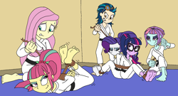 Size: 2172x1177 | Tagged: safe, artist:bugssonicx, imported from derpibooru, fluttershy, indigo zap, rarity, sour sweet, sunny flare, twilight sparkle, equestria girls, barefoot, black belt, bondage, bound together, feet, fight, gi, hogtied, hojojutsu, martial artist rarity, martial arts, rope, rope bondage, smiling, smug, tied up