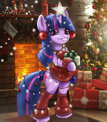 Size: 1345x1526 | Tagged: safe, artist:mdwines, imported from derpibooru, twilight sparkle, pony, unicorn, bipedal, christmas, christmas lights, christmas tree, clothes, cute, female, fire, fireplace, holiday, mare, new year, present, smiling, solo, sweater, tree, unicorn twilight