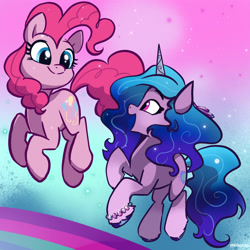 Size: 2048x2048 | Tagged: safe, artist:pfeffaroo, imported from derpibooru, izzy moonbow, pinkie pie, earth pony, pony, unicorn, abstract background, bracelet, duo, duo female, female, g5, generation leap, high res, jewelry, looking at each other, looking at someone, mare, midair, my little pony: a new generation, open mouth, open smile, smiling, smiling at each other, turned head