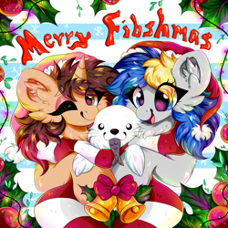 Size: 2362x2362 | Tagged: safe, artist:woonborg, imported from derpibooru, oc, oc:bluecode, oc:woonie, fish, pony, seal, unicorn, bells, christmas, christmas lights, clothes, ear fluff, fluffy, hat, high res, holiday, leaves, open mouth, santa hat, scarf, smiling