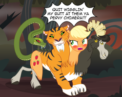 Size: 3420x2712 | Tagged: safe, artist:badumsquish, derpibooru exclusive, imported from derpibooru, applejack, chimera sisters, big cat, chimera, earth pony, goat, pony, snake, tiger, somepony to watch over me, angry, applebutt, assimilation, blushing, body control, butt shake, dialogue, embarrassed, flirting, four heads, fusion, glare, high res, hip, looking at you, multiple heads, open mouth, show accurate, taunting, unamused, varying degrees of want, wat, we have become one