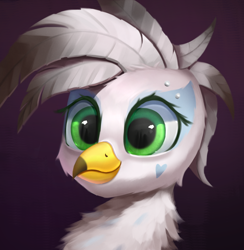 Size: 1794x1836 | Tagged: safe, artist:foxpit, imported from derpibooru, oc, oc:ginger feathershy, bird, griffon, beauty mark, bust, cute, green eyes, headshot commission, looking at you, ocbetes, portrait, reflection, smiling, solo