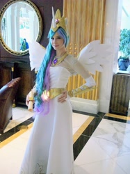 Size: 1548x2066 | Tagged: safe, artist:rjth, imported from derpibooru, princess celestia, human, clothes, cosplay, costume, hand on hip, irl, irl human, katsucon, katsucon 2013, photo, scroll