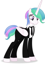 Size: 5077x7181 | Tagged: safe, artist:anime-equestria, imported from derpibooru, princess celestia, alicorn, pony, absurd resolution, alternate hairstyle, clothes, female, folded wings, full body, haircut, horn, lidded eyes, mare, multicolored mane, multicolored tail, necktie, purple eyes, shadow, short hair, short mane, short tail, show accurate, simple background, smiling, solo, standing, suit, tail, three quarter view, transparent background, vector, wings