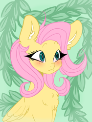 Size: 768x1024 | Tagged: safe, artist:skittywanuskitz, imported from derpibooru, fluttershy, pegasus, pony, :<, blushing, bust, chest fluff, ear fluff, female, folded wings, leaves, mare, portrait, solo, three quarter view, wings