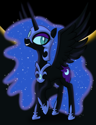 Size: 2153x2786 | Tagged: safe, artist:pustulioooooo, imported from derpibooru, nightmare moon, alicorn, pony, 2012, cute, eclipse, female, grin, high res, looking at you, mare, moonabetes, raised hoof, smiling, smiling at you, solo, spread wings, wings