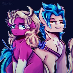 Size: 1500x1500 | Tagged: source needed, safe, artist:fraumflug, imported from derpibooru, hitch trailblazer, sprout cloverleaf, earth pony, pony, alternate hairstyle, cute, dark background, dreamworks face, g5, gay, hitchsprout, long mane male, looking at you, male, my little pony: a new generation, police, shipping, smiling, stallion