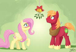 Size: 1300x889 | Tagged: safe, artist:johnjoseco, color edit, edit, imported from derpibooru, big macintosh, fluttershy, earth pony, pegasus, pony, bell, blushing, colored, colored sketch, female, fluttermac, male, mare, mistletoe, raised hoof, shipping, sketch, stallion, straight