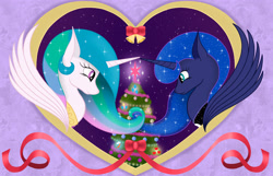 Size: 3881x2500 | Tagged: source needed, safe, artist:xodok, imported from derpibooru, princess celestia, princess luna, alicorn, pony, series:ponyashnost, christmas, christmas tree, cutie mark, duo, element of generosity, element of honesty, element of kindness, element of laughter, element of loyalty, element of magic, elements of harmony, female, high res, holiday, looking at each other, looking at someone, new year, royal sisters, siblings, sisters, smiling, tree