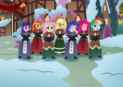 Size: 1280x906 | Tagged: safe, artist:lavenderrain24, imported from derpibooru, applejack, fluttershy, pinkie pie, rainbow dash, rarity, sunset shimmer, twilight sparkle, equestria girls, caroling, christmas, christmas 2021, clothes, holiday, humane five, humane six, long dress, long skirt, skirt, twilight sparkle (alicorn)