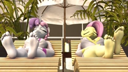 Size: 2048x1152 | Tagged: safe, artist:kenaga, imported from derpibooru, fluttershy, sweetie belle, anthro, plantigrade anthro, 3d, barefoot, bathrobe, beach chair, beach umbrella, breasts, busty fluttershy, busty sweetie belle, chair, clothes, crossed legs, drink, drinking straw, eyelashes, eyes closed, feet, fetish, food, foot fetish, foot focus, lemon, lipstick, lounging, older, older sweetie belle, robe, sitting, smiling, soles, source filmmaker, toes