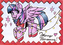 Size: 2045x1462 | Tagged: safe, artist:dandy, imported from derpibooru, twilight sparkle, alicorn, pony, boots, christmas, clothes, colored pencil drawing, ear fluff, female, heart, holiday, horn, looking at you, mare, open mouth, scarf, shoes, solo, text, traditional art, twilight sparkle (alicorn), wings