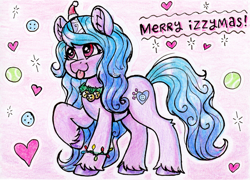 Size: 2047x1476 | Tagged: safe, artist:dandy, imported from derpibooru, izzy moonbow, pony, unicorn, :p, ball, bells, bracelet, christmas, christmas lights, colored pencil drawing, cute, ear fluff, female, g5, hat, heart, holiday, horn, horn cap, izzybetes, jewelry, jingle bells, mare, my little pony: a new generation, one eye closed, santa hat, solo, tennis ball, text, tongue out, traditional art, unshorn fetlocks, wreath