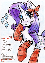 Size: 1471x2054 | Tagged: safe, artist:dandy, imported from derpibooru, pony, unicorn, :3, chest fluff, christmas, clothes, colored pencil drawing, ear fluff, eyeshadow, female, holiday, horn, makeup, mare, ribbon, socks, solo, stockings, striped socks, text, thigh highs, traditional art