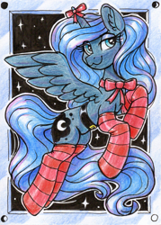 Size: 1473x2054 | Tagged: safe, artist:dandy, imported from derpibooru, princess luna, alicorn, pony, :3, belt, bow, christmas, clothes, colored pencil drawing, ear fluff, eyeshadow, female, holiday, horn, horn bow, looking at you, makeup, mare, socks, solo, stockings, striped socks, thigh highs, traditional art, wings